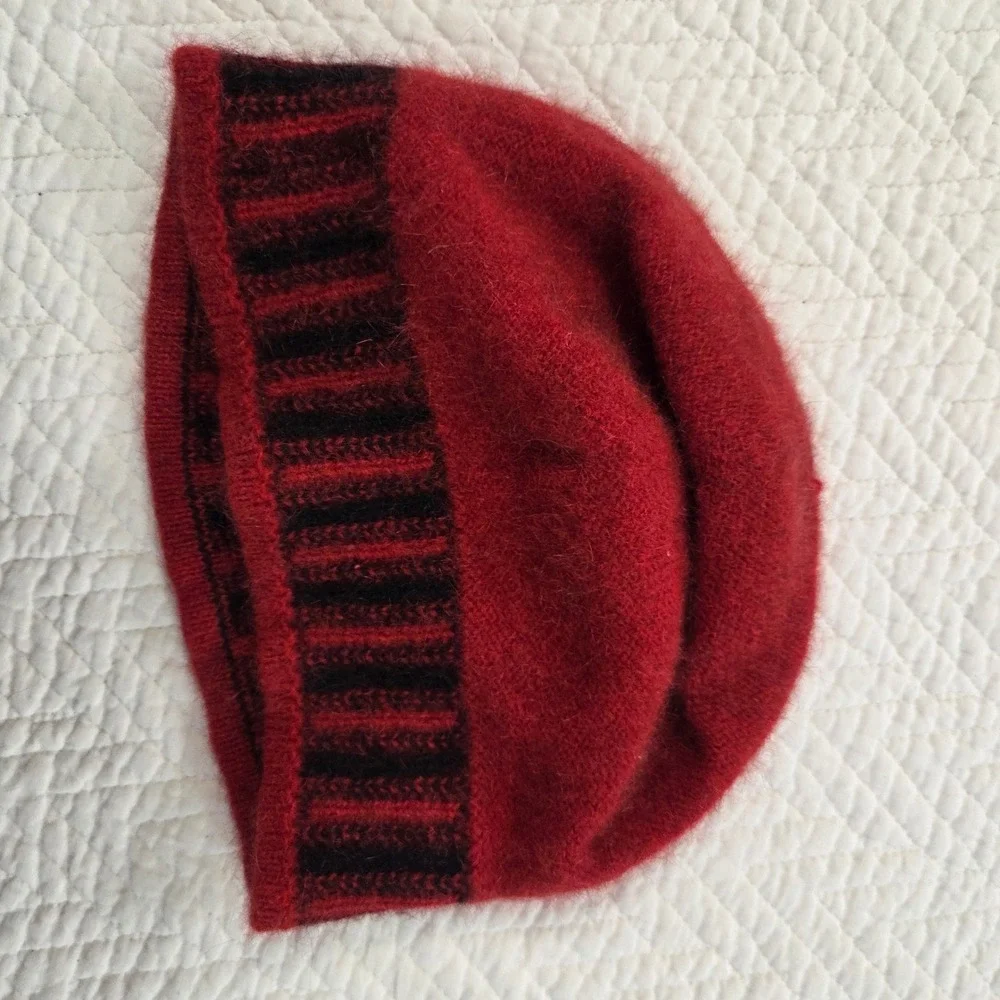 Red‎ Fuzzy Angora Blend Beanie Hat Black Striped Trim Winter Skull Cap Unisex